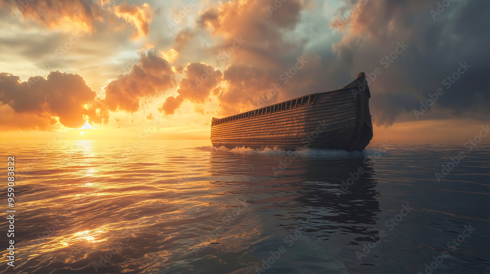 Noah's Ark during the flood. A depiction of the biblical scene where Noah's Ark is floating on the vast waters, with the rain pouring down and animals safely aboard, symbolizing salvation and divine i