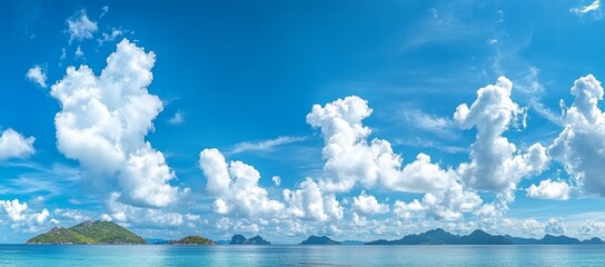 A peaceful tropical seascape with turquoise waters and blue skies. A summer ocean panorama with white fluffy clouds.