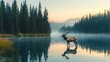 © Utpal - Tranquil lake scene with deer elk animals pine trees and morning mist