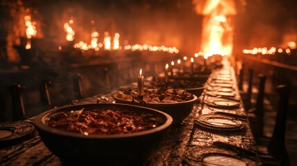 Rows of burning candles and offerings in a dimly lit temple.