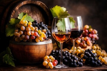 still ilife composition with red and white wine with mixed grapes and barrel in a rustic setting