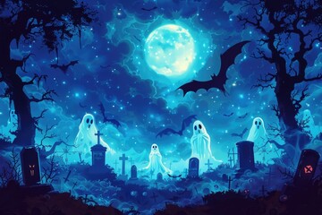 Sticker - A peaceful cemetery scene with a full moon shining down, perfect for use in a range of contexts from Halloween to romantic getaways