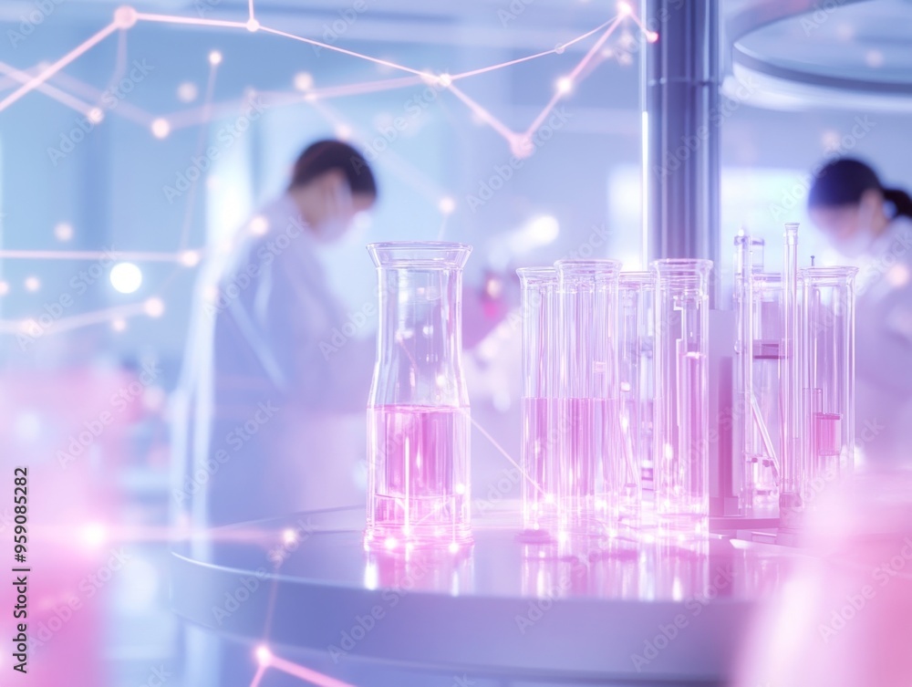 Scientists in a laboratory, conducting research with beakers and test ...