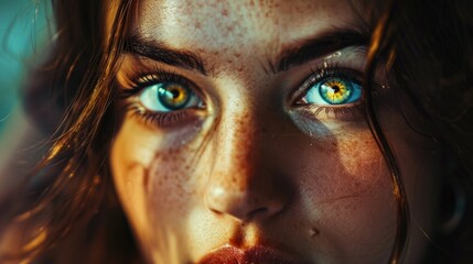 Poster - Close-up portrait of a woman with distinctive freckles on her face, ideal for personal or editorial use