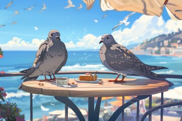 Two birds perched on a table surface