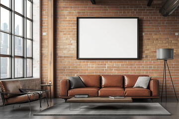 Wall Mural - A industrial living room with exposed brick walls and interior. One large, white photo frame on the wall. Mockup for photos and art.