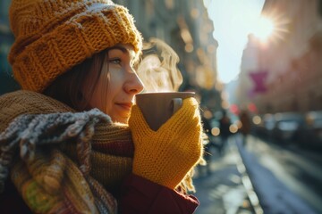 Poster - A woman holds a cup of coffee while wearing a hat and scarf