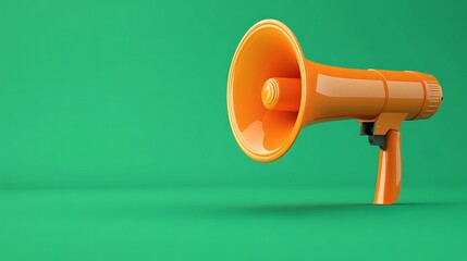 A 3D realistic orange megaphone shouting, depicted in a vector illustration on a green background. The modern cartoon-style design is ideal for concepts like 