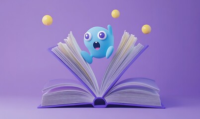 Wall Mural - Blue 3D Character Leaping From Open Book With Yellow Balls