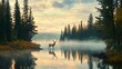 © Utpal - Tranquil sunrise over the lake scene with deer animals pine trees and misty reflections