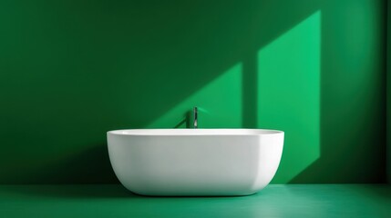 Sticker - A white bathtub sitting in a green room with sunlight coming through the window, AI