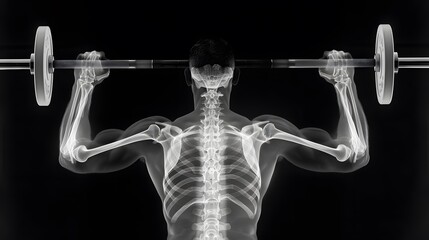 X-Ray of a Weightlifter Lifting Weights: An x-ray image of a weightlifter’s arms and shoulders as they lift a heavy barbell.
