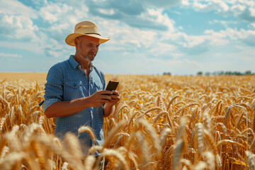 Caucasian male farmer wearing a straw hat and denim shirt standing in a golden wheat field, looking at his phone, under a partly cloudy blue sky.







