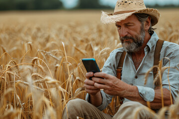 older farmer sitting in a golden wheat field, wearing a straw hat and suspenders. He is intently using a smartphone, blending tradition with modern technology in a peaceful environment.