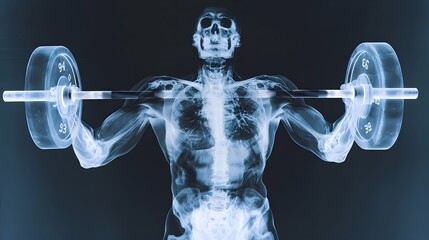 X-Ray of a Weightlifter Lifting Weights: An x-ray image of a weightlifter’s arms and shoulders as they lift a heavy barbell.
