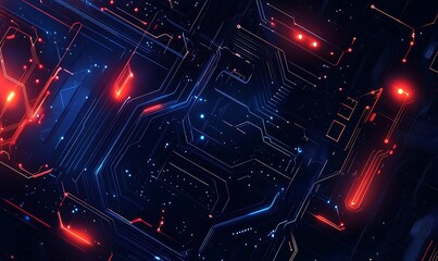 Wall Mural - Abstract Digital Circuit Board with Red and Blue Glowing Lines