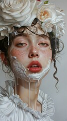 Wall Mural - A young woman with a white rose crown, her face covered in white paint, looking directly at the viewer.