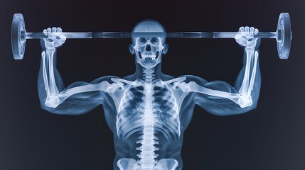 X-Ray of a Weightlifter Lifting Weights: An x-ray image of a weightlifter’s arms and shoulders as they lift a heavy barbell.
