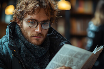 Poster - An individual reading a dense scientific paper, with a thoughtful expression and notes scattered around. Concept of deep learning and intellectual engagement.