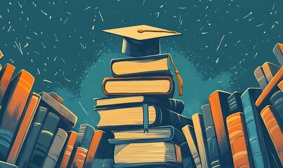 Graduation Cap Atop Stack of Books Against a Teal Background with Confetti