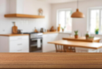 Wall Mural - wooden countertop with blurred kitchen background