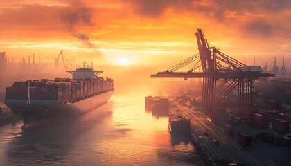 Cargo Ship at Sunset with Cranes and Container Terminal