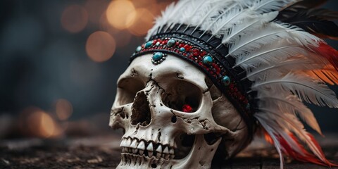 A skull with a feather headdress and a red eye.