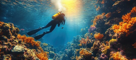 Wall Mural - Scuba Diving in a Vibrant Coral Reef