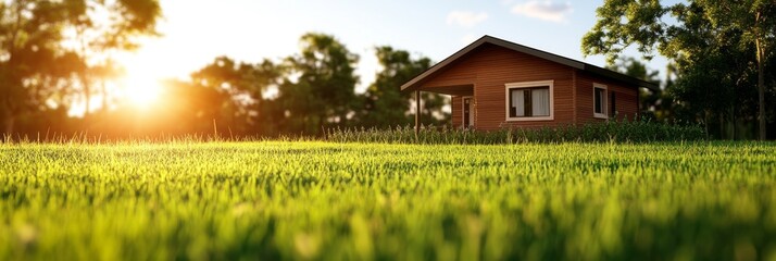 Wall Mural - A charming 3D model of a small house nestled on a grassy lawn, bathed in the warm glow of the setting sun. The idyllic scene evokes feelings of peace, tranquility, and the joy of home.