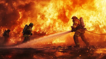 A close-up of firefighters in action, using hoses to combat a large blaze, with intense flames and smoke creating a powerful backdrop