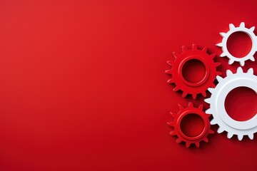 Three white gears on a Red background, laid flat, copy space concept for business technology and development in the abstract vector with copy space 