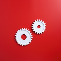 Wall Mural - Three white gears on a Red background, laid flat, copy space concept for business technology and development in the abstract vector with copy space 