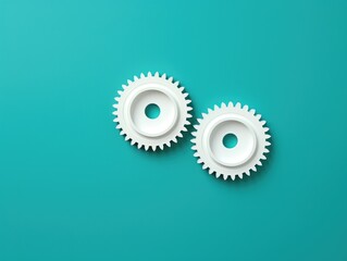 Wall Mural - Three white gears on a Turquoise background, laid flat, copy space concept for business technology and development in the abstract vector with copy space 