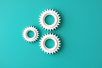 Wall Mural - Three white gears on a Turquoise background, laid flat, copy space concept for business technology and development in the abstract vector with copy space 