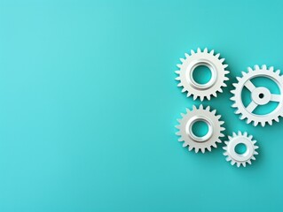 Wall Mural - Three white gears on a Turquoise background, laid flat, copy space concept for business technology and development in the abstract vector with copy space 