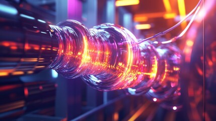 Leinwandbilder - A close-up view of vibrant electric waves pulsing through cables in a high-tech industrial setting, symbolizing the flow of energy and innovation.