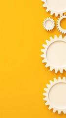 Wall Mural - Three white gears on a Yellow background, laid flat, copy space concept for business technology and development in the abstract vector with copy space 