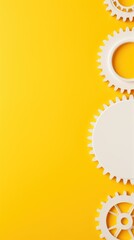 Wall Mural - Three white gears on a Yellow background, laid flat, copy space concept for business technology and development in the abstract vector with copy space 