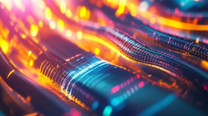 Leinwandbilder - A close-up view of vibrant electric waves pulsing through cables in a high-tech industrial setting, symbolizing the flow of energy and innovation.