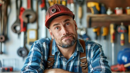 Wall Mural - A man in a hard hat and overalls looks thoughtfully at the camera. AI.