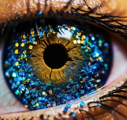 Poster - A close-up of a human eye with glitter on the iris. AI.