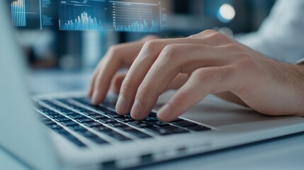 Wall Mural - A man typing on a laptop computer with his hands, AI