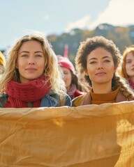 Canvas Print - Two women holding a blank banner. AI.