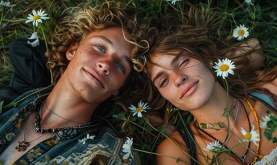 Canvas Print - A couple lying in a field of flowers, looking up at the sky. AI.