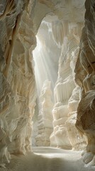 Sticker - A sunbeam shines through the opening of a cave, illuminating the white rock formations. AI.