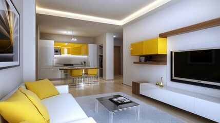 Wall Mural - A living room with a white couch and yellow accent pillows, AI