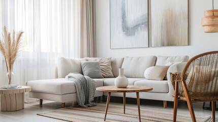 Modern living room interior with beige sectional sofa, wooden coffee table, and soft decor elements. Minimalist and cozy home design