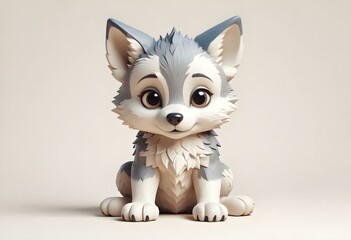 adorable cartoon style, Small brown wolf cub with a playful expression, tongue out, on a muted taupe background., 3d render cartoon, vibrant color palette