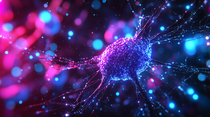 Abstract representation of a glowing neural network in vibrant pink and blue hues, symbolizing artificial intelligence and digital communication