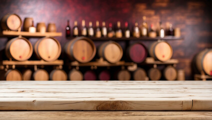 Wall Mural - The empty white wooden table top with blur background of wine barrels. For product display